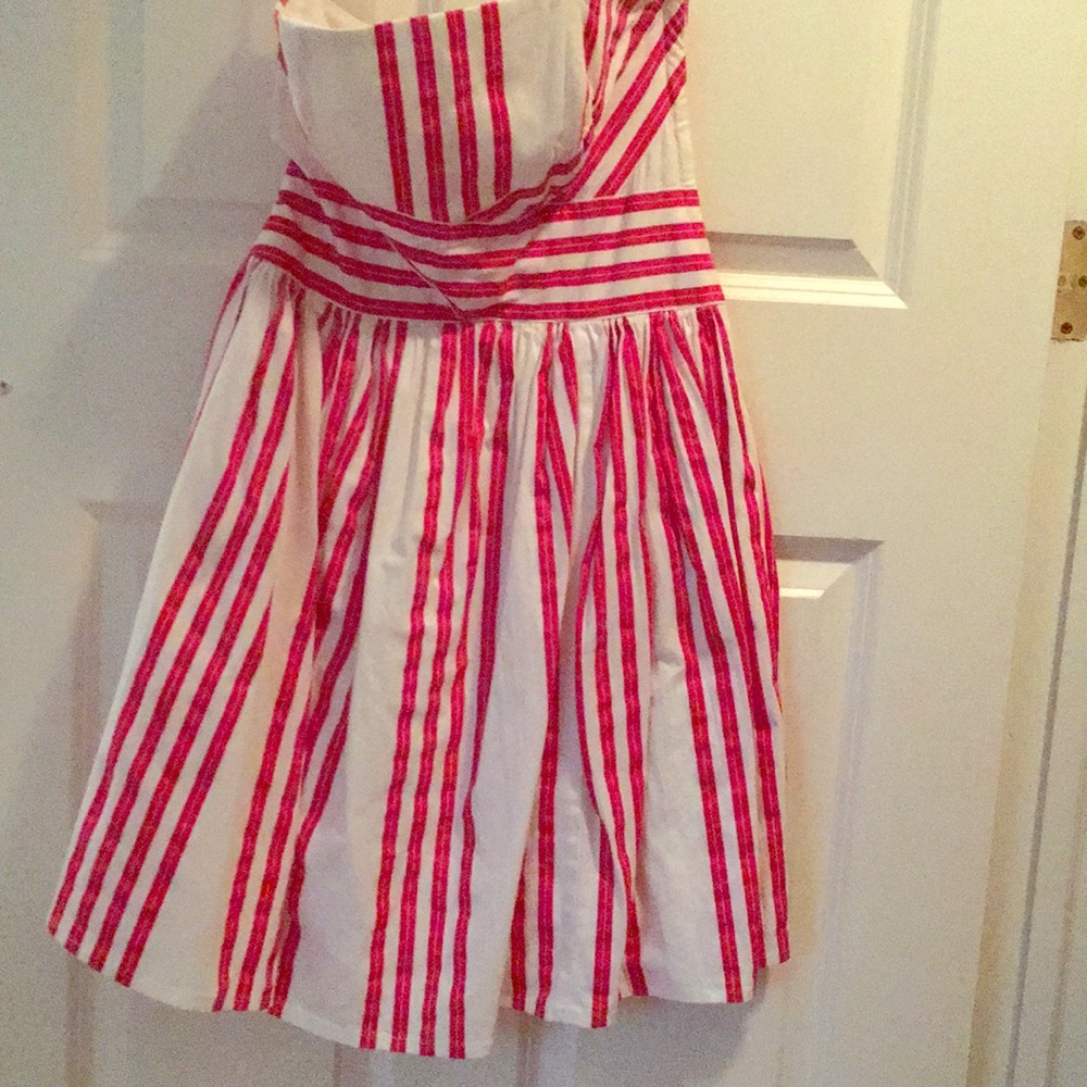 Red and white stripe strapless dress